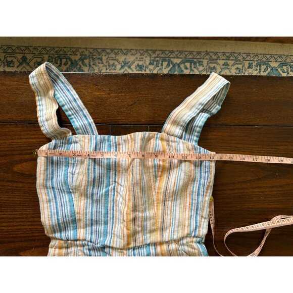 Reformation Island Linen Romper in Marbella Striped White Blue Orange Smocking 2 - Picture 6 of 10